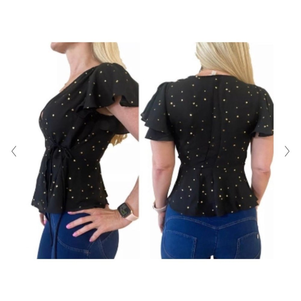 Gianni Bini Surplice wrap black/metallic gold starβ shirt XS